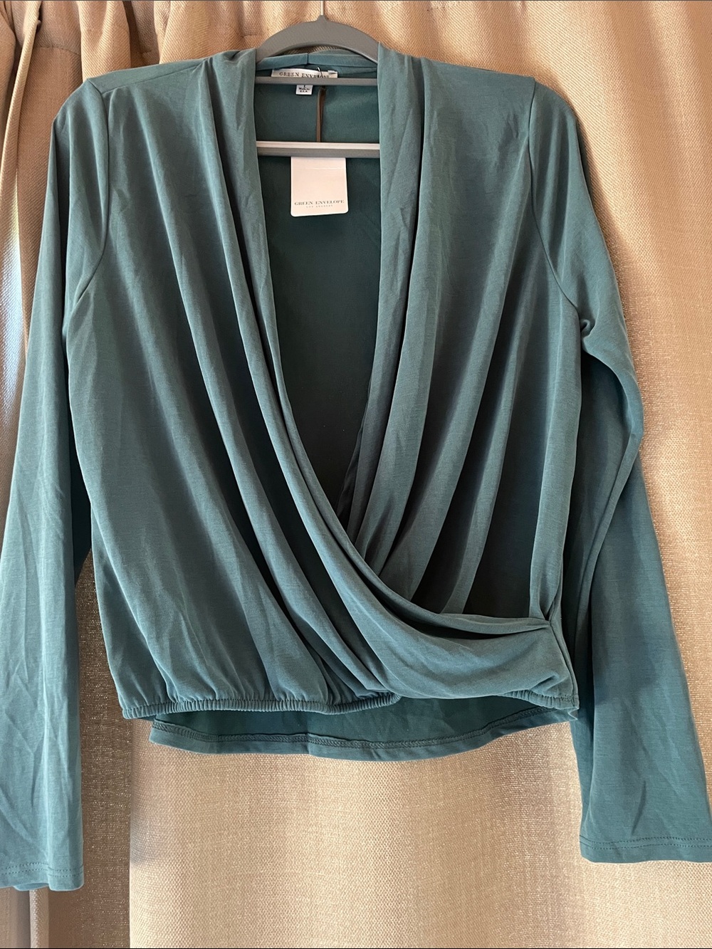 Green Envelope Teal Draped Wrap Top. Shape flattering & versatile NWT